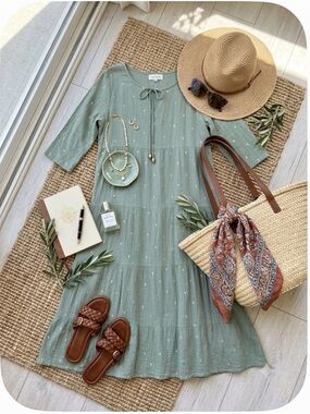 ASPIGA Sadie Organic Cotton Tiered Sage Green Dress Boho Peasant Cottagecore L